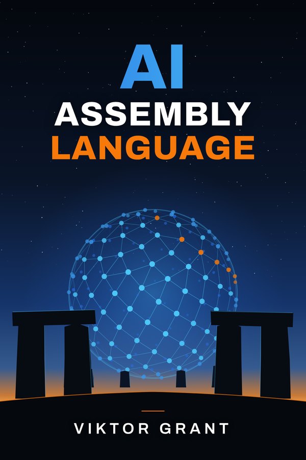 The cover of AI Assembly Language by Viktor Grant: the Earthgrid network sphere, glowing blue with a few orange nodes, rising between two stone trilithons under a night sky, with the title in blue, white and orange.